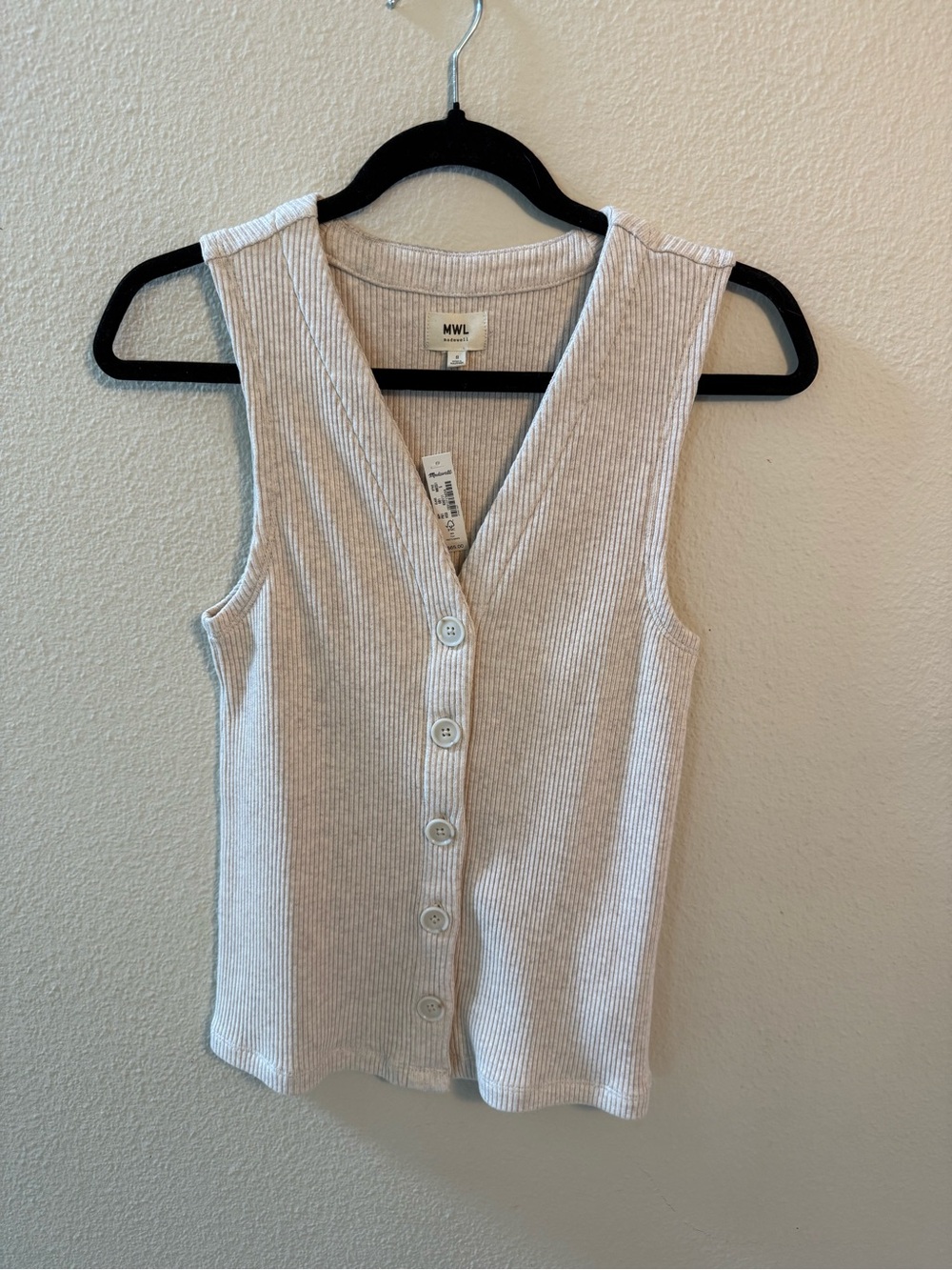 Madewell Oatmeal Ribbed Button-Front V-Neck Tank Top